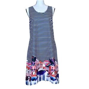 Musette Greece Cityscape Sleeveless Dress Women's 10 Blue White Striped Lined